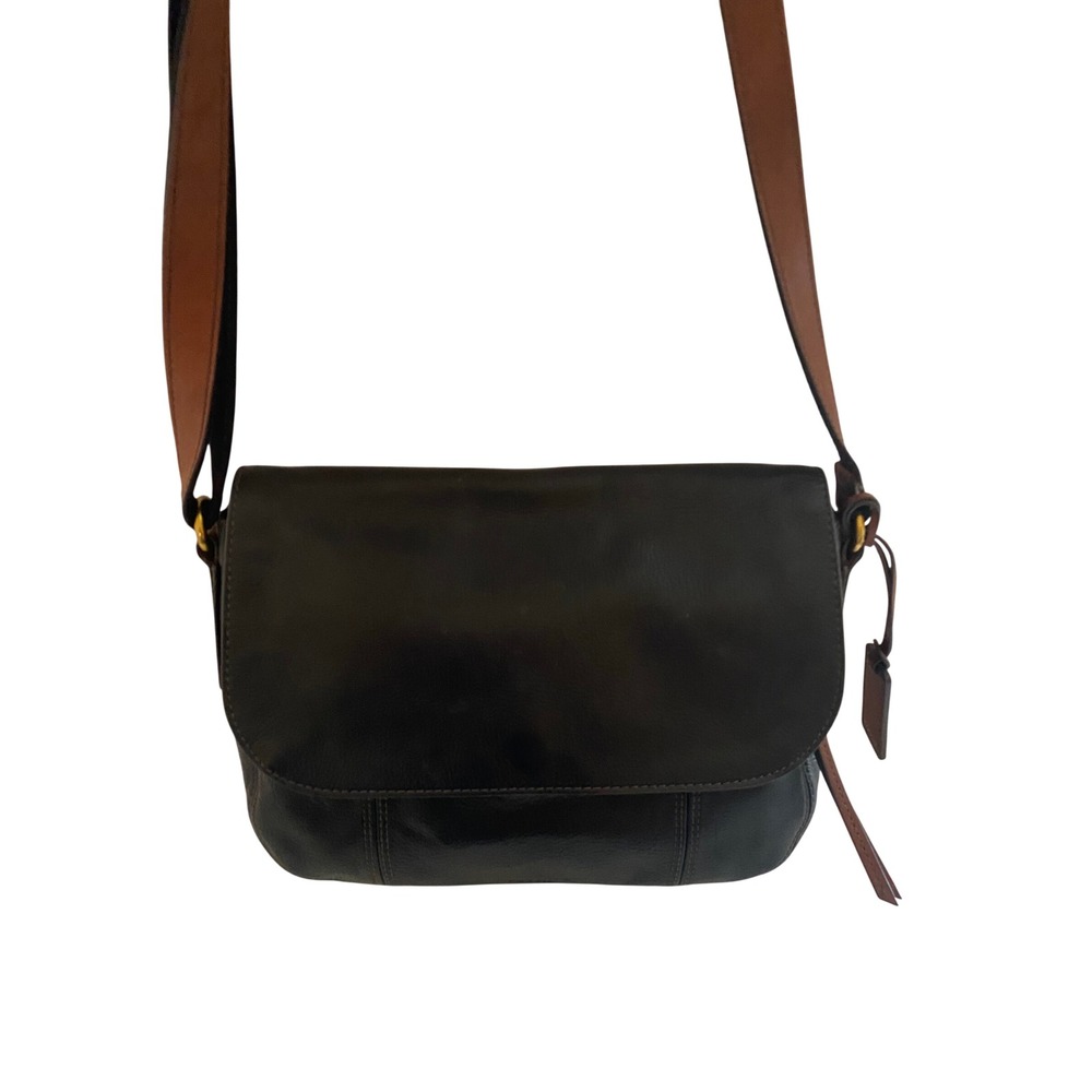 Fossil Black Leather Crossbody Bag Brown Trim Flap Messenger Bag